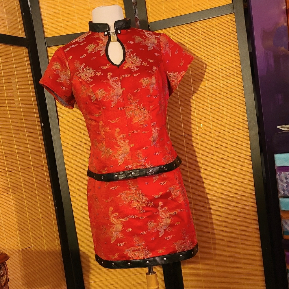LIP SERVICE Red Brocade Top and Skirt. NWT Size 14.